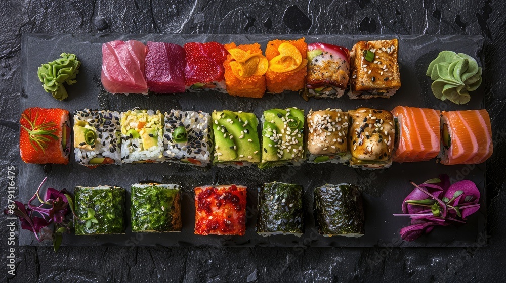 A variety of sushi rolls beautifully arranged on a black slate A variety of sushi rolls beautifully arranged on a black slate