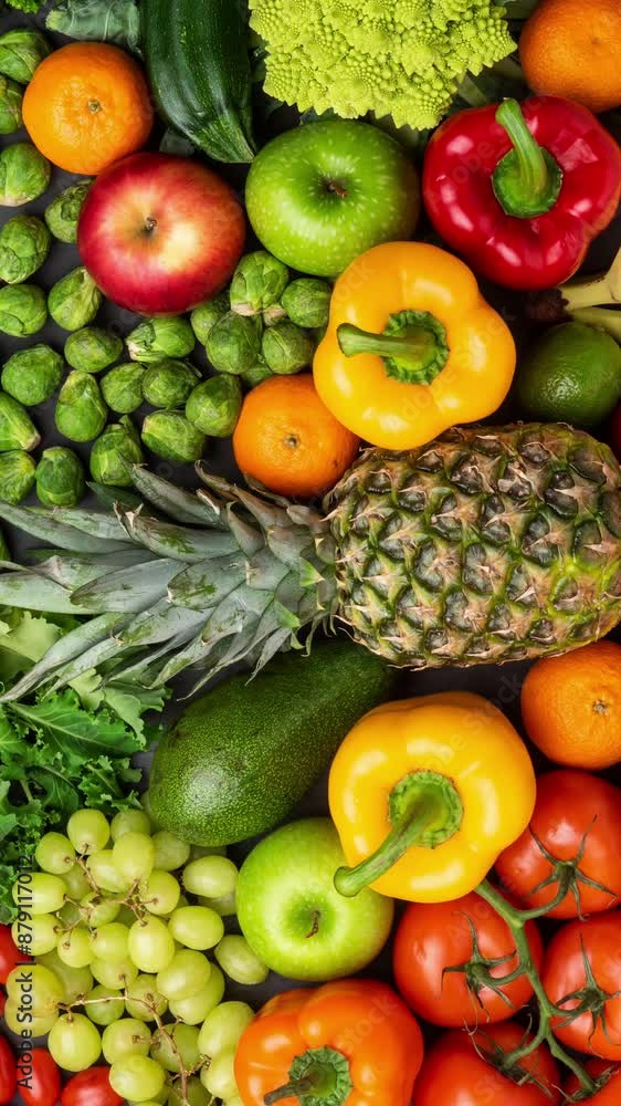 Vertical video. Healthy eating ingredients: fresh vegetables, fruits and superfood. Nutrition, diet, vegan food concept. Vertical video. Healthy eating ingredients: fresh vegetables, fruits and superfood. Nutrition, diet, vegan food concept.