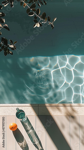 Sunlit Poolside Scene with Orange and Water Bottle