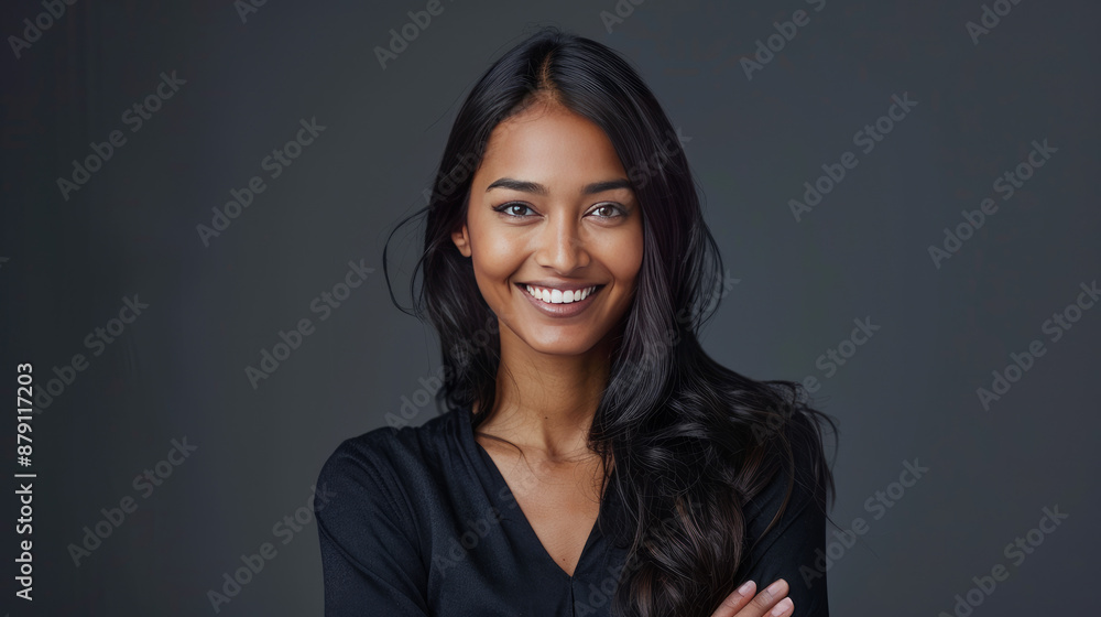 Smiling Indian woman in a gray studio, arms crossed. She has healthy, white teeth and is looking at the camera with satisfaction. Smiling Indian woman in a gray studio, arms crossed. She has healthy, white teeth and is looking at the camera with satisfaction.