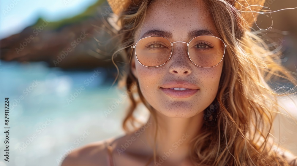 A close-up portrait of a young woman with blonde hair wearing sunglasses, standing in front of a blurred beach background. A close-up portrait of a young woman with blonde hair wearing sunglasses, standing in front of a blurred beach background.