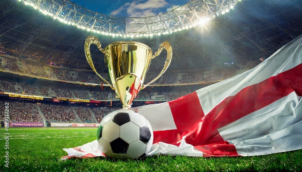 England flag with football and cup trophy in a stadium for the European ...