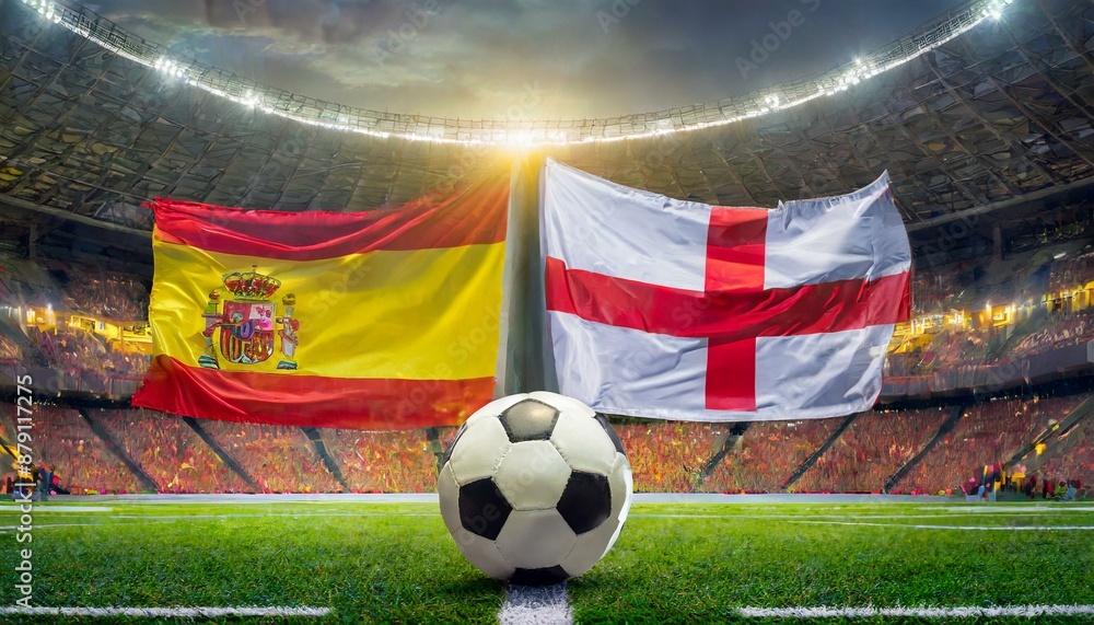 Naklejka premium Spain flag England flag with football in a stadium for the European Championship