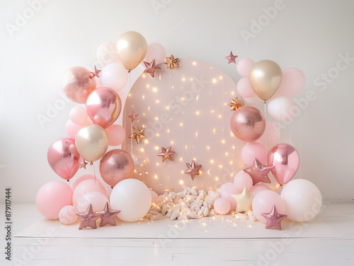Dreamy Pink and Gold Balloon Display with Star Accents and Fairy Lights