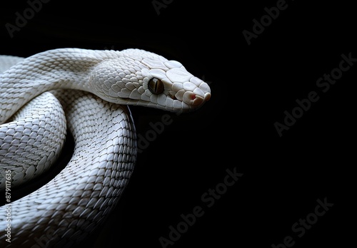 Close-up of a white snake with its scales visible against a dark background.