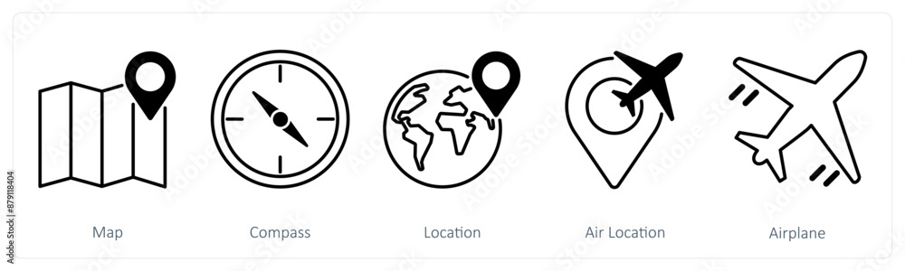 A set of 5 Summer and Travel icons as map, compass, location A set of 5 Summer and Travel icons as map, compass, location