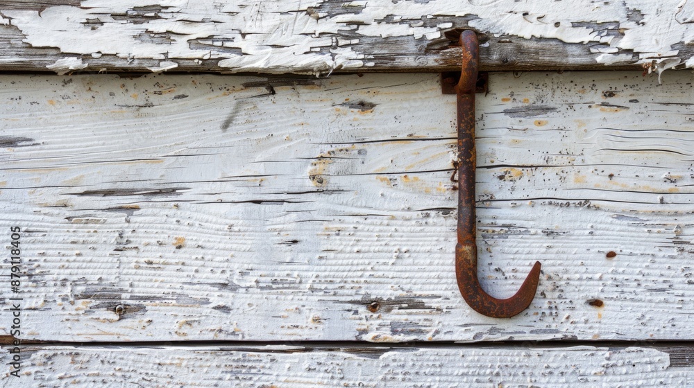 Retro metal hook on weathered white wood with space for text Retro metal hook on weathered white wood with space for text