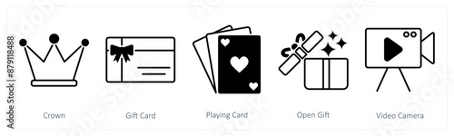 A set of 5 Party and Celebration icons as crown, gift card, playing card