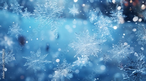 Assorted snowflakes on light backdrop, center void, ideal for winter themed design projects
