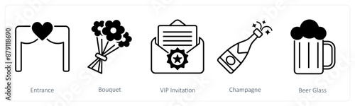 A set of 5 Party and Celebration icons as entrance, bouquet, vip invitation