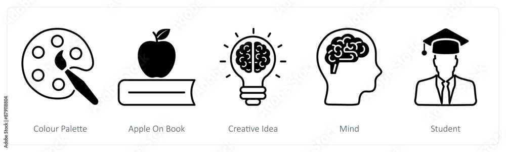 A set of 5 School and Education icons as color palette, apple on book, creative idea A set of 5 School and Education icons as color palette, apple on book, creative idea
