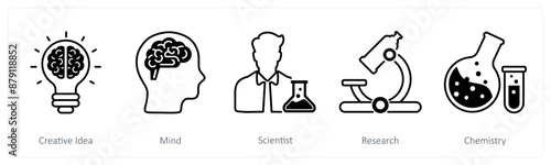 A set of 5 School and Education icons as creative idea, mind, scientist
