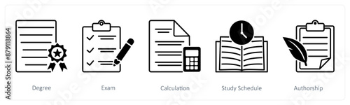 A set of 5 School and Education icons as degree, exam, calculation