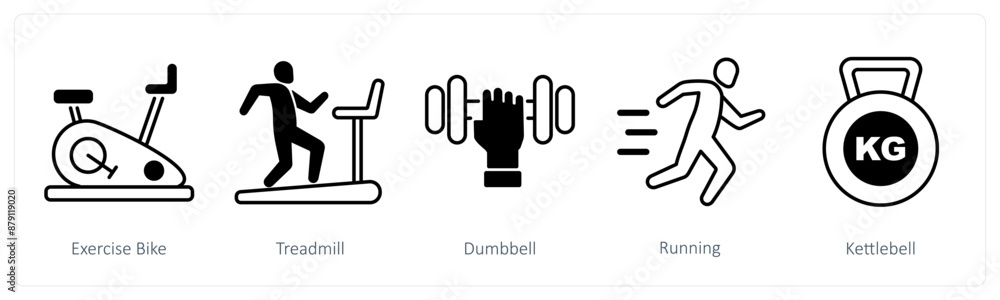 A set of 5 Sports and Fitness icons as exercise bike, treadmill, dumbbell A set of 5 Sports and Fitness icons as exercise bike, treadmill, dumbbell