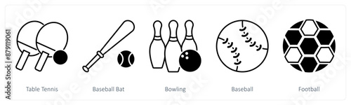 A set of 5 Sports and Fitness icons as table tennis, baseball bat, bowling