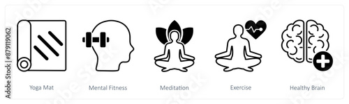 A set of 5 Sports and Fitness icons as yoga mat, mental fitness, meditation