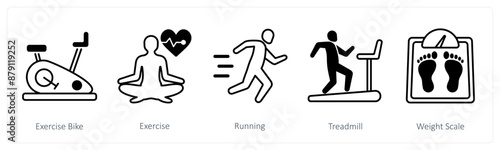 A set of 5 Sports and Fitness icons as exercise bike, exercise, running