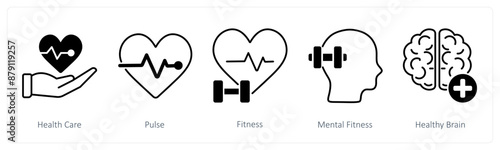 A set of 5 Sports and Fitness icons as health care, pulse, fitness