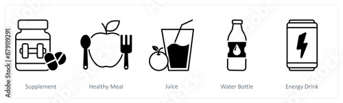 A set of 5 Sports and Fitness icons as supplement, healthy meal, juice