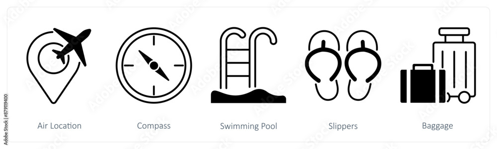 A set of 5 Summer and Travel icons as air location, compass, swimming pool A set of 5 Summer and Travel icons as air location, compass, swimming pool