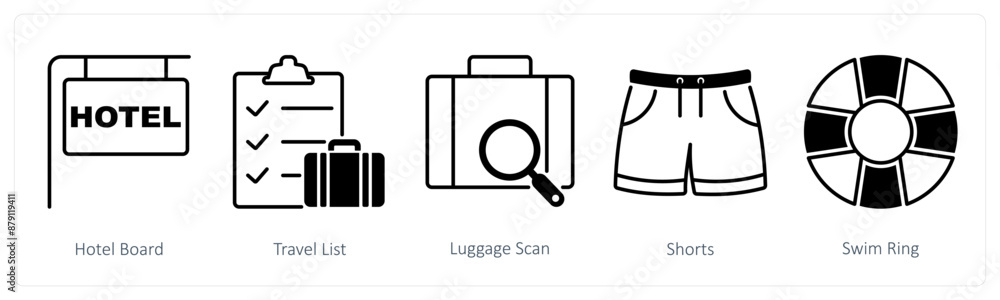 A set of 5 Summer and Travel icons as hotel board, travel list, luggage scan A set of 5 Summer and Travel icons as hotel board, travel list, luggage scan