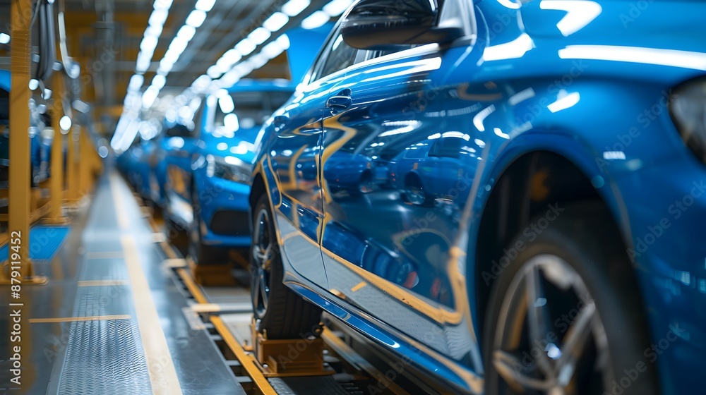 Mass production assembly line of modern cars in a busy factory Mass production assembly line of modern cars in a busy factory