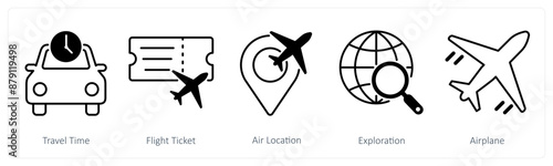A set of 5 Summer and Travel icons as travel time, flight ticket, air location