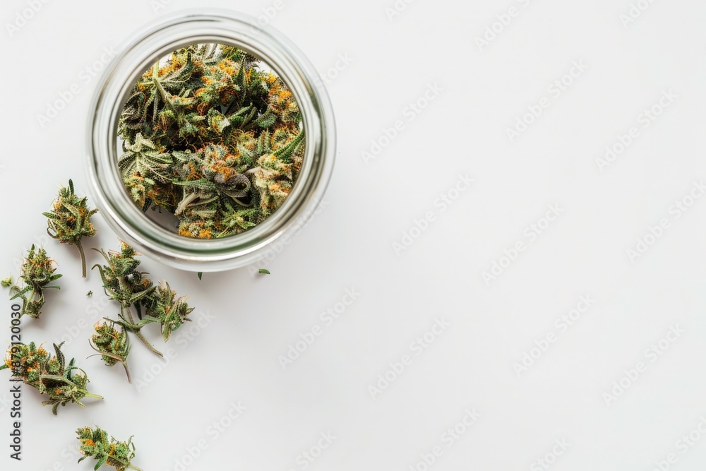 Photo of cannabis flowers flowing out of a glass jar, Generative AI Photo of cannabis flowers flowing out of a glass jar, Generative AI