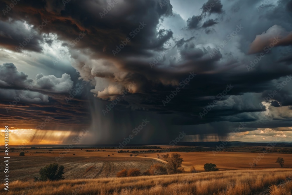 Fototapeta premium stormy sky with dark clouds and heavy rain pouring down over a landscape