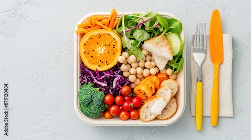 Healthy Lunch Box with Vegetables, Fruit and Chickpeas.