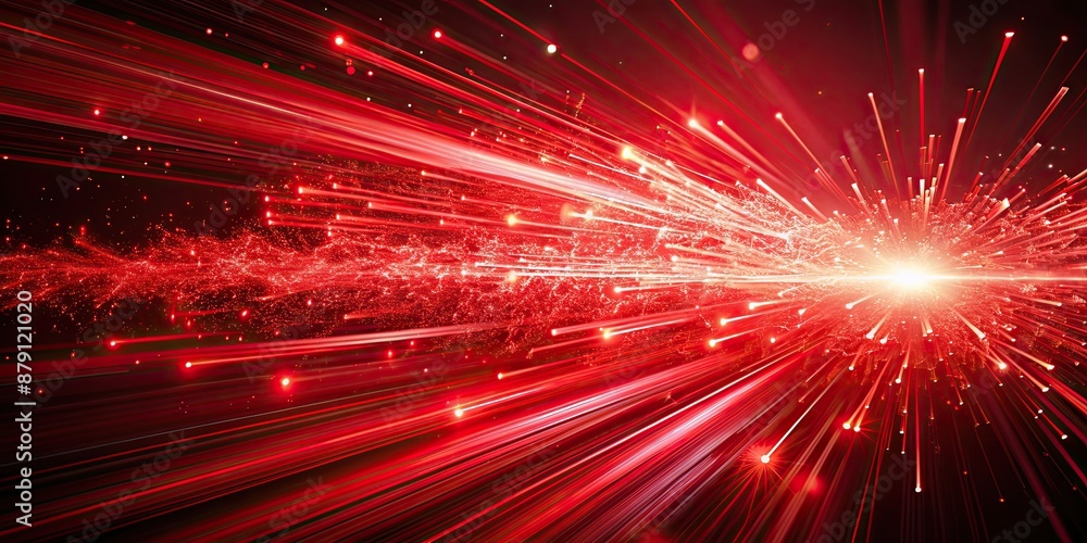 Fototapeta premium Abstract red background with dynamic speed lines and an explosion of fragmented red particles, abstract, red