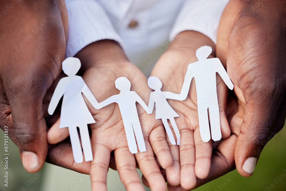Family, paper cutout and hands for love, support and unity or solidarity together. Child, parent and protection with life insurance and black people, security and community in palm for help and faith Family, paper cutout and hands for love, support and unity or solidarity together. Child, parent and protection with life insurance and black people, security and community in palm for help and faith