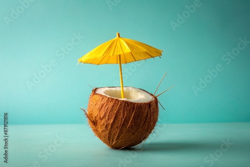 Wallpaper Mural an image of a coconut with a small yellow paper umbrella inserted into it. The background should be a solid light blue, creating a clean and simple composition that emphasizes the tropical, summery Torontodigital.ca