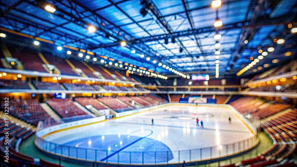 Fototapeta premium Blurred background of a bustling sports arena, stadium, crowd, sports, fans, game, competition, event, seats, lights, excitement