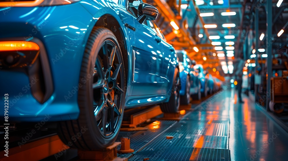 Mass production assembly line of modern cars in a busy factory Mass production assembly line of modern cars in a busy factory