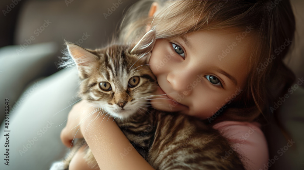 A little girl hugs a kitten. Friendship with pets. A little girl hugs a kitten. Friendship with pets.