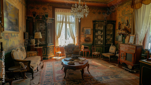 Mikhailovskoye, a museum estate located in Pushkinskiye Gory, features an interior that reflects the living room of Alexander Pushkin during his time in the 19th century. photo