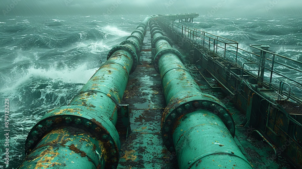 Underwater pipeline infrastructure showcasing large metal pipes on the ocean floor Underwater pipeline infrastructure showcasing large metal pipes on the ocean floor