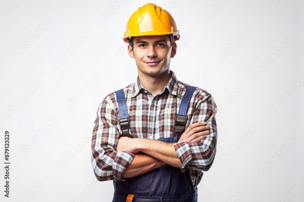Create an image of a young Man in a Labor Worker Dress on a white background Create an image of a young Man in a Labor Worker Dress on a white background