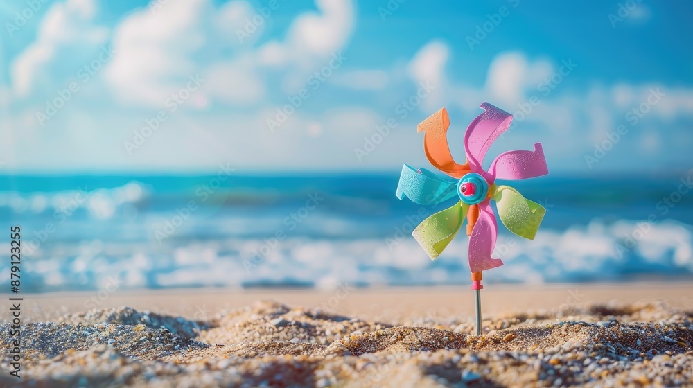 Close up of colorful toy windmill on sand with sea and sky background children s beach toy spinning in breeze summer seaside vacation scene Close up of colorful toy windmill on sand with sea and sky background children s beach toy spinning in breeze summer seaside vacation scene
