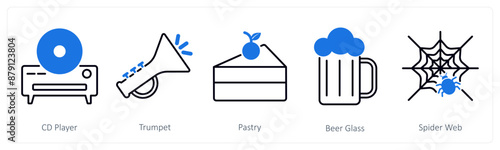 A set of 5 Party and Celebration icons as cd player, trumpet, pastry