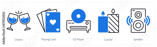 A set of 5 Party and Celebration icons as cheers, playing card, cd player