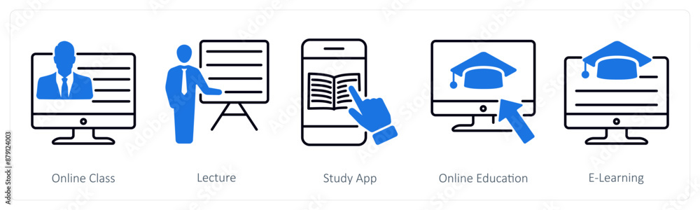 A set of 5 School and Education icons as online class, lecture, study app A set of 5 School and Education icons as online class, lecture, study app