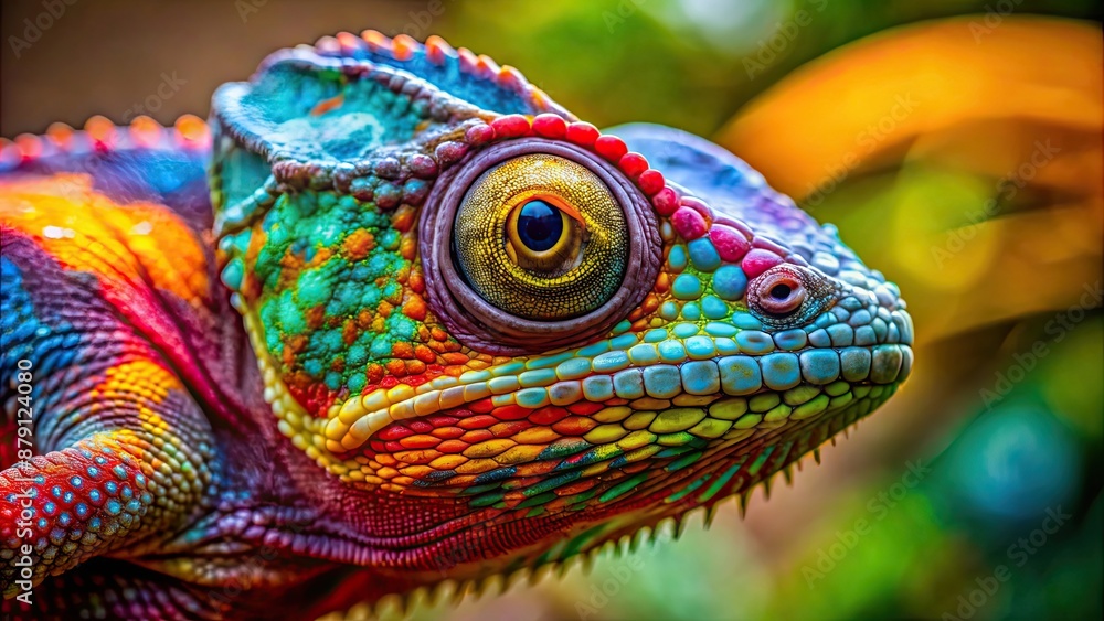 Obraz premium A close-up photo of a colorful chameleon blending into its surroundings, reptile, camouflage, nature, wildlife, adaptation