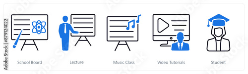 A set of 5 School and Education icons as school board, lecture, music class