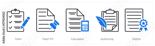 A set of 5 School and Education icons as exam, paper pin, calculation