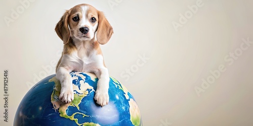Fototapeta Naklejka Na Ścianę i Meble -  A playful puppy sitting on top of a globe symbolizing Earth Day, earth day, globe, global, puppy, cute, pet, animal
