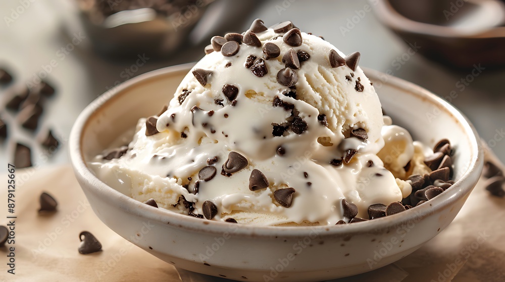 A dollop of chocolate chip vanilla ice cream topped with an icing A dollop of chocolate chip vanilla ice cream topped with an icing