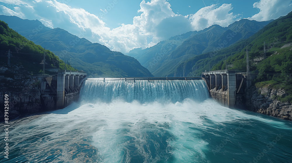 Hydroelectric power station on a background of green mountains and blue sky Hydroelectric power station on a background of green mountains and blue sky