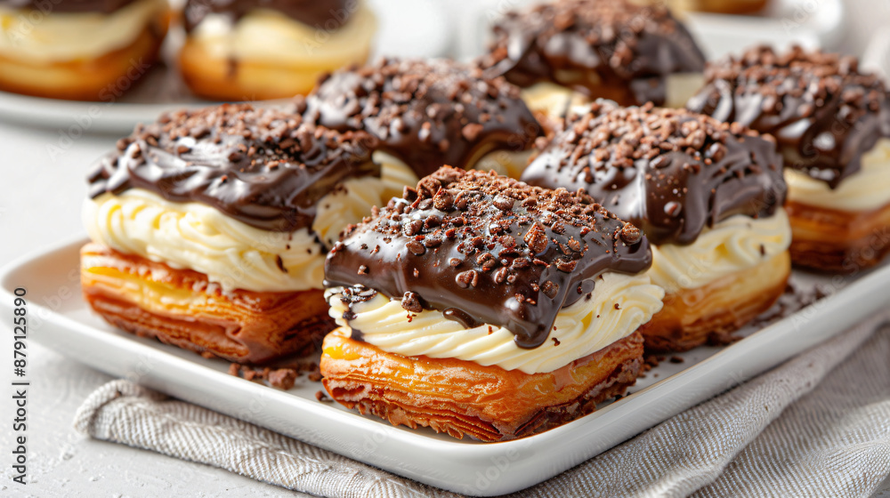 A decadent assortment of chocolate each filled with a rich chocolate custard and topped with a layer of glossy chocolate ganache. A decadent assortment of chocolate each filled with a rich chocolate custard and topped with a layer of glossy chocolate ganache.